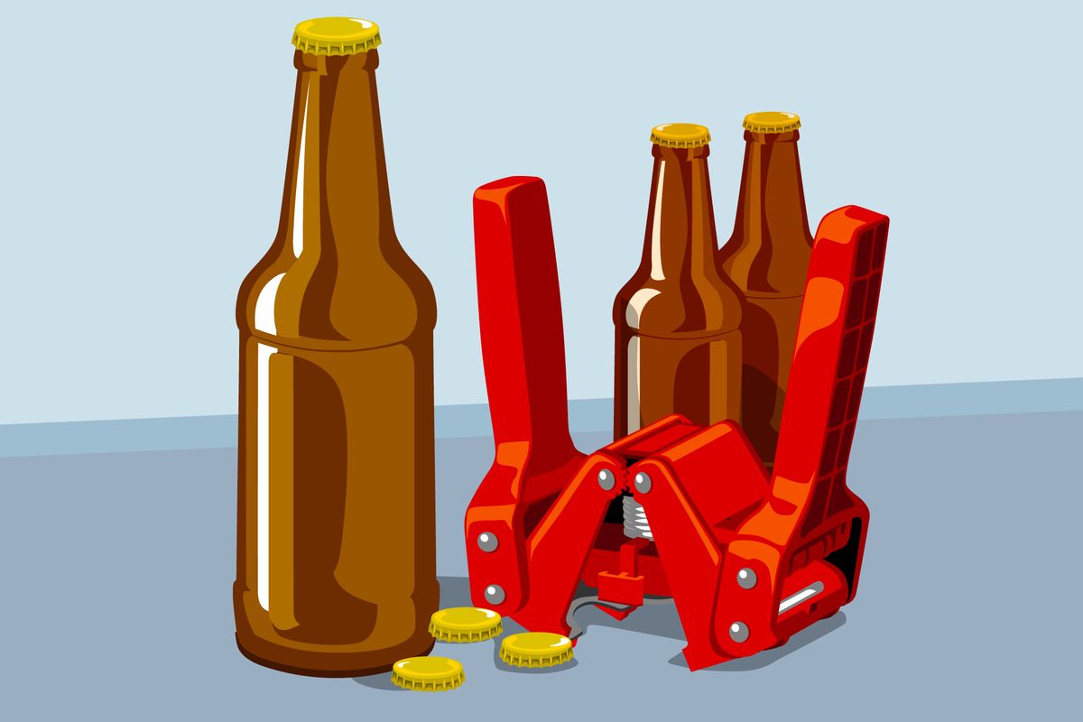 Illustration af ølflasker, hætter og mekanisk flaskekapper