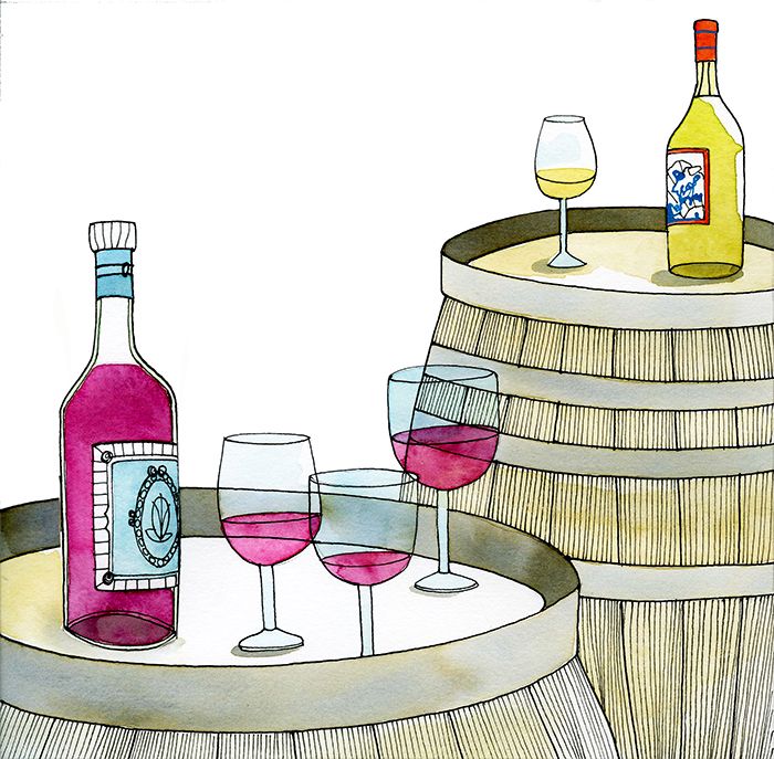 Illustration af vin og vinglas på en tønde.