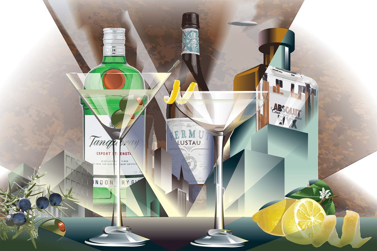 Ilustracija martinijev v slogu art deco s Tanqueray, Absolut in Lustau Vermut