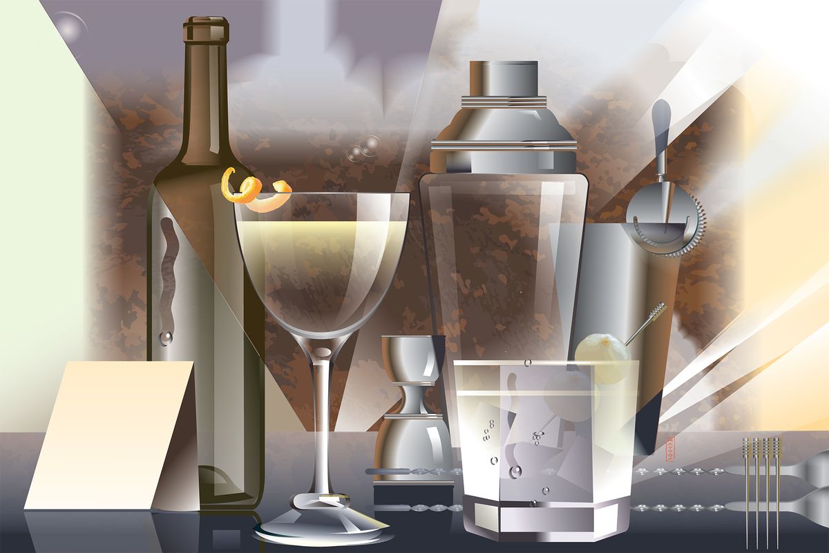 Ilustrasi martini gaya Art Deco dengan kaca Nick & Nora
