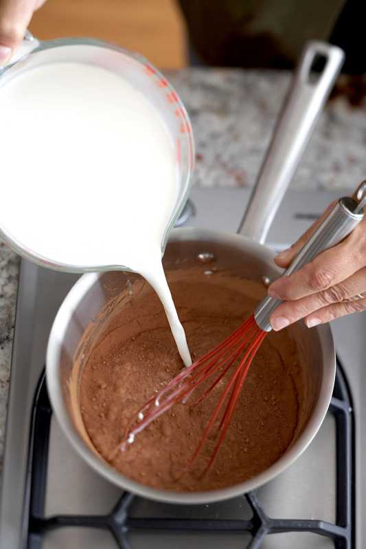 versando il latte nella teglia per il cacao