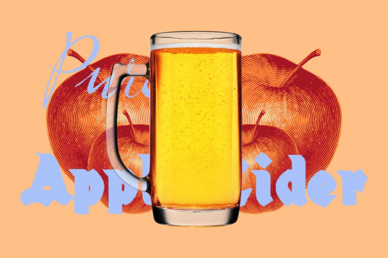   Een glas harde cider met een illustratie van appels op de achtergrond
