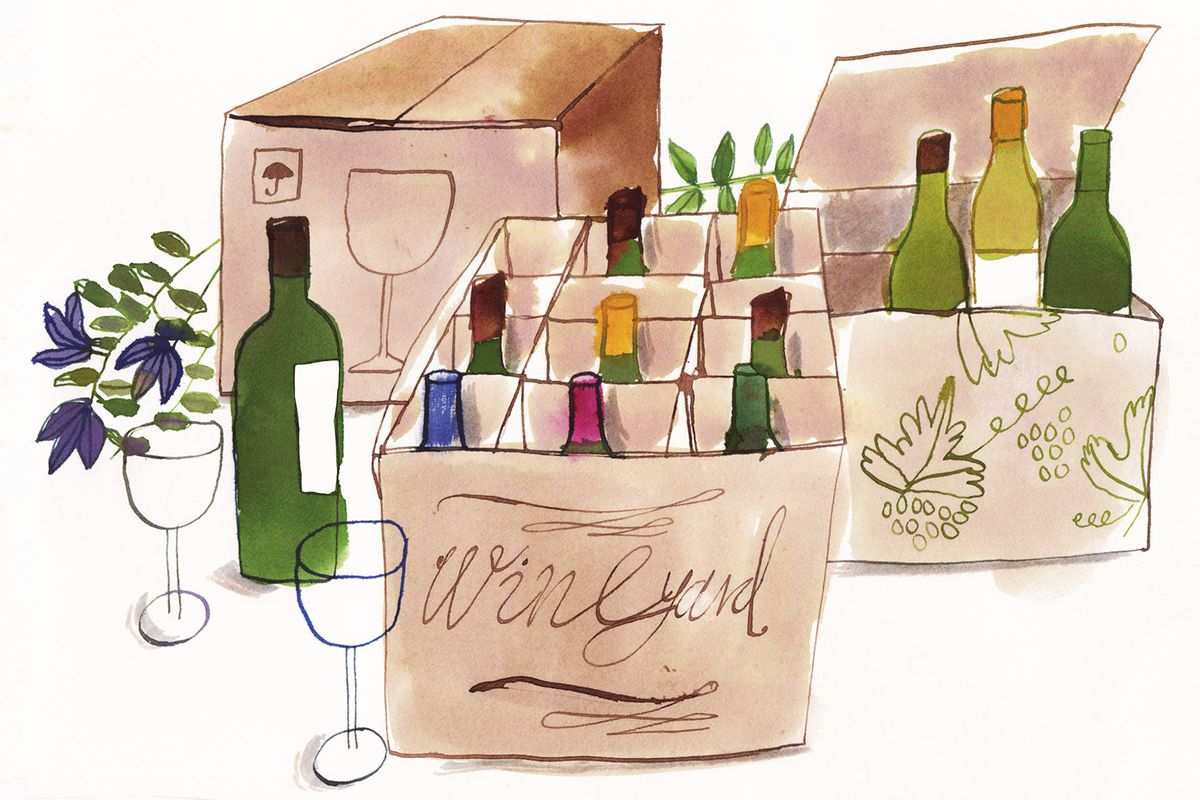 Vyno butelių kartoninėje dėžutėje iliustracija