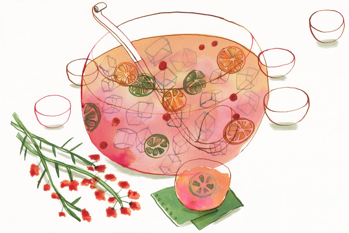 Илустрација посуде за пунч испуњене укусним алкохолним стварима
