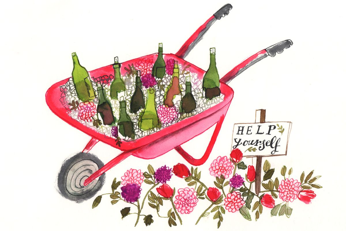 Illustrazione di bottiglie di vino su ghiaccio in una carriola