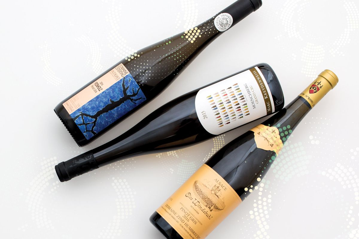 Dari kiri ke kanan Domaine Ostertag 2016 Fronholz Pinot Gris (Alsace), Marc Kreydenweiss 2015 Moenchberg Grand Cru Pinot Gris (Alsace) dan Domaine Zind-Humbrecht 2016 Clos Windsbuhl Pinot Gris (Alsace)