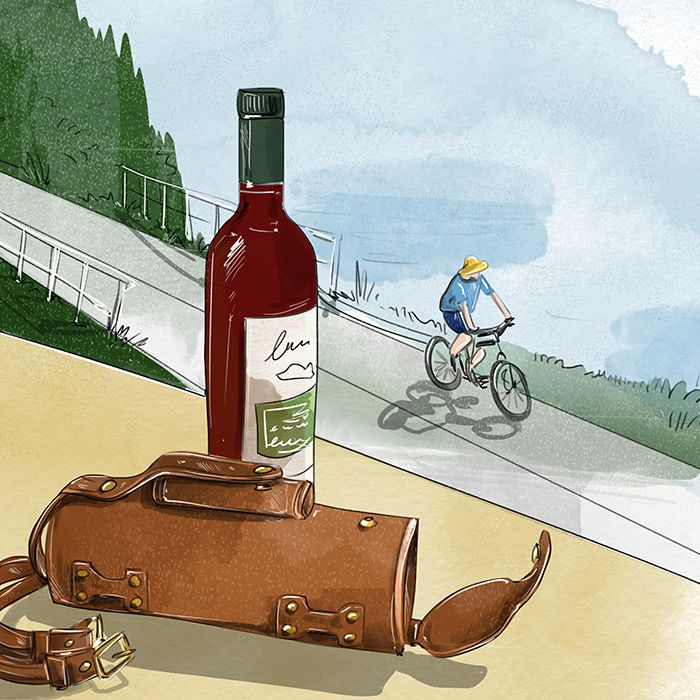 Skórzany uchwyt na wino do zamontowania na rowerze.