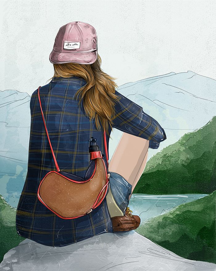 Ilustrație de fată care face camping cu vin.