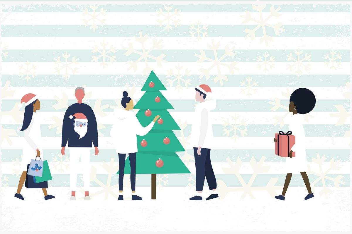 Illustration av modernt folk som dekorerar en julgran