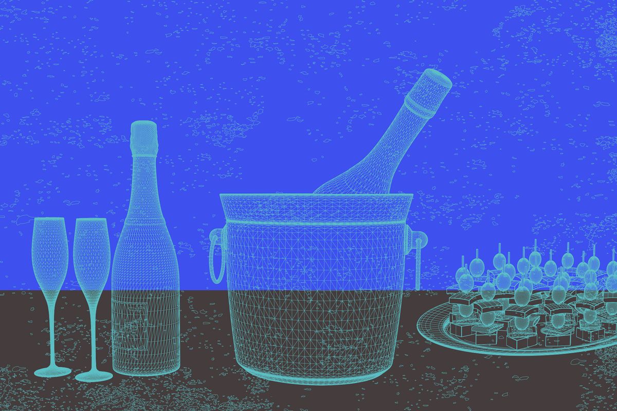 Futuristisk illustration af mousserende vin og fest snacks