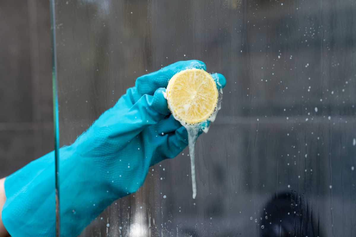 rengøring af en brusedør med citron