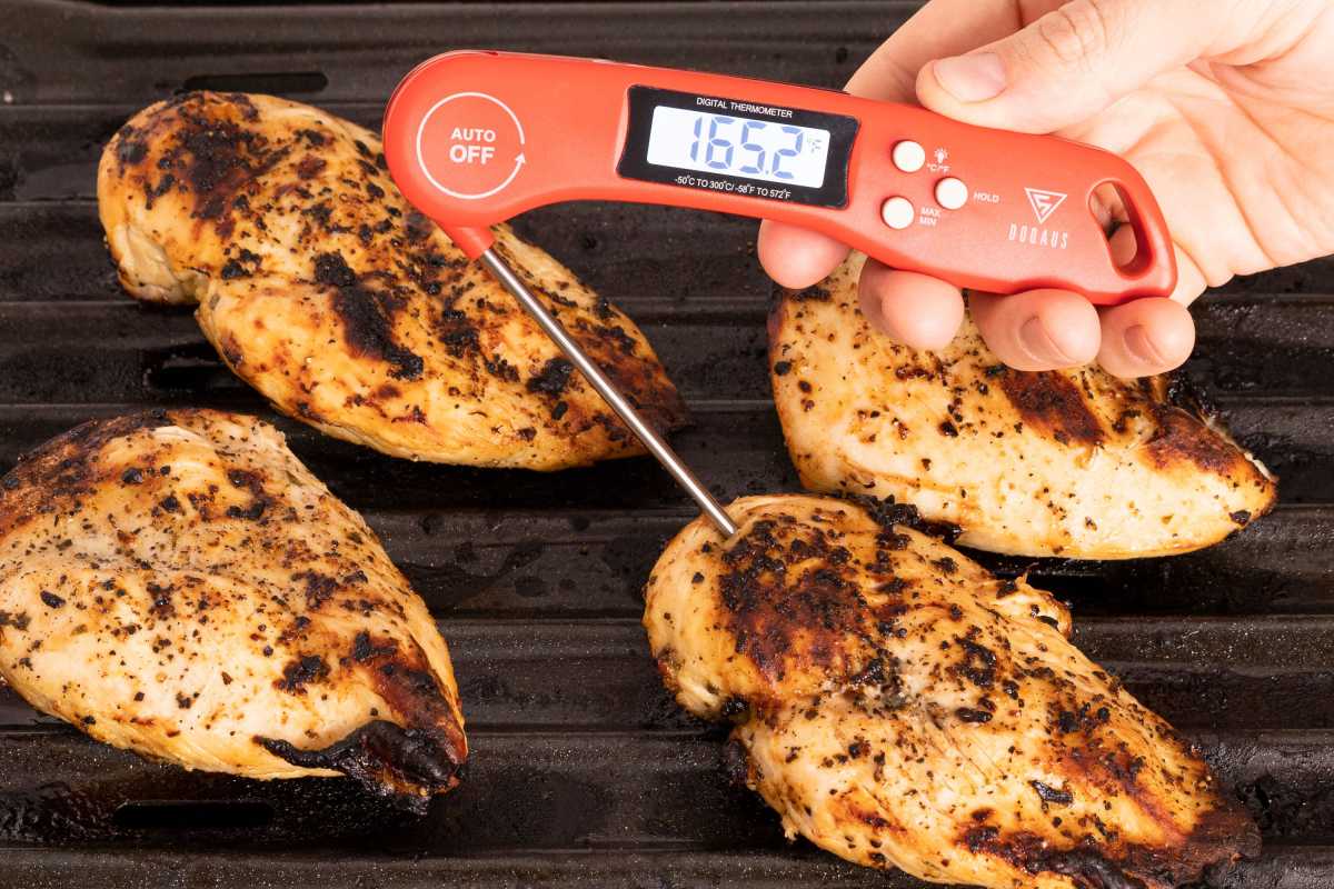 menggunakan termometer daging untuk memeriksa ayam panggang