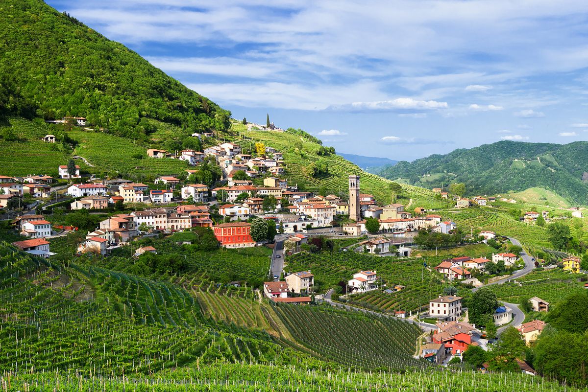 Szőlőültetvényekkel és dombokkal körülvett olasz falu