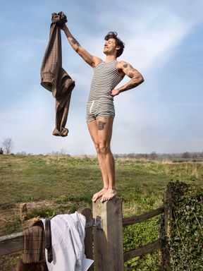 Photographie de Harry Styles debout sur un poteau de clôture