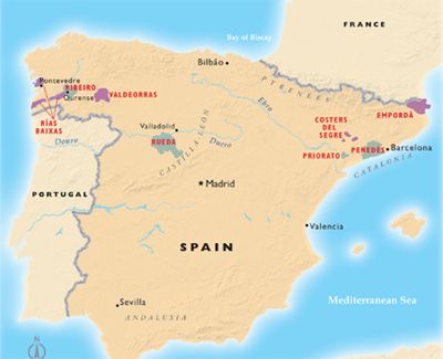 El punto óptimo de España para los vinos blancos abarca el tercio norte del país, desde Galicia en el noroeste a través de Rueda en Castilla y León hasta Cataluña en el noreste.