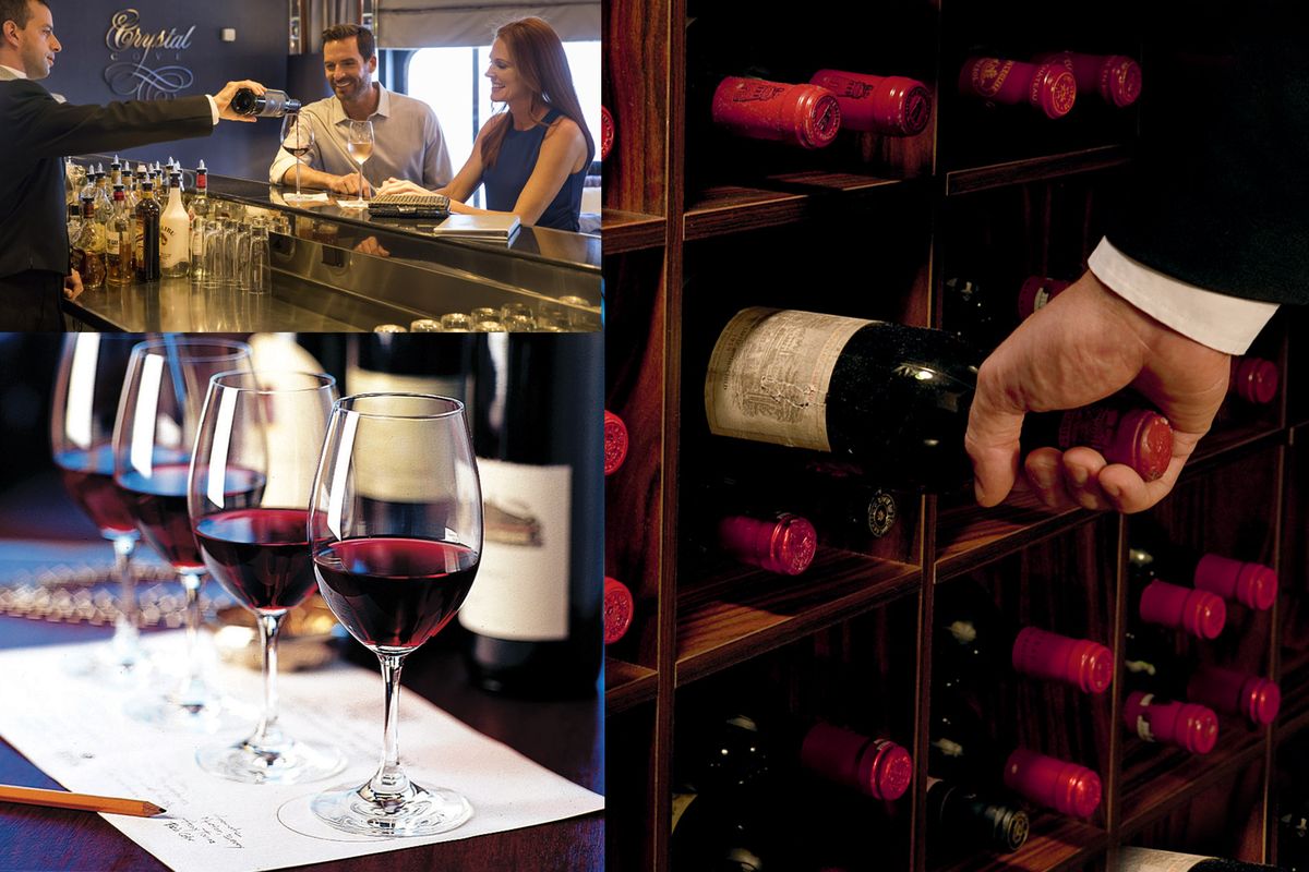 Три фотоколажа на двойка в бар, чаши за червено вино и бутилка вино