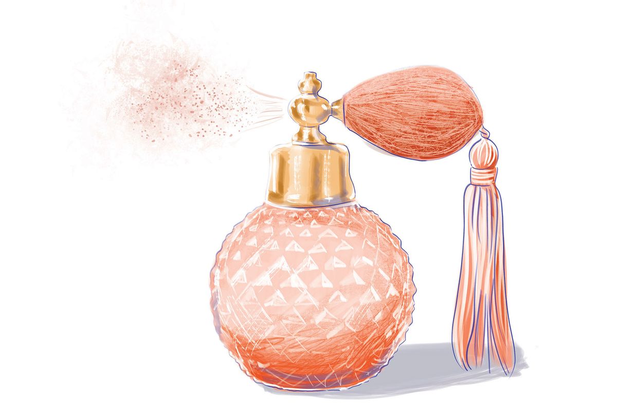 Ilustración de botella de perfume rosa