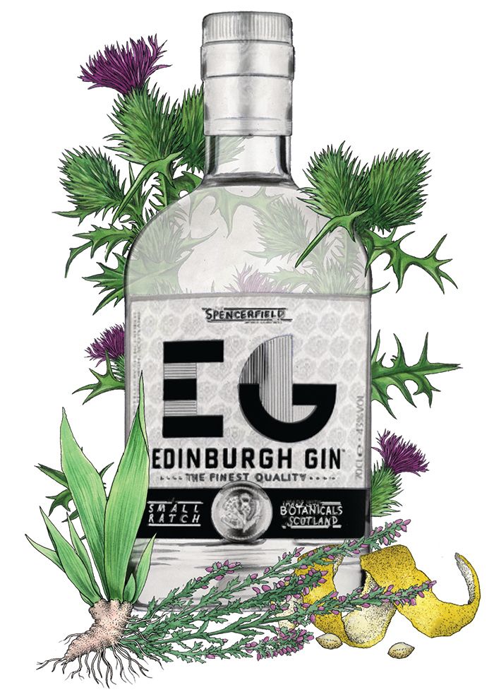 Ilustracija boce gin u Edinburghu
