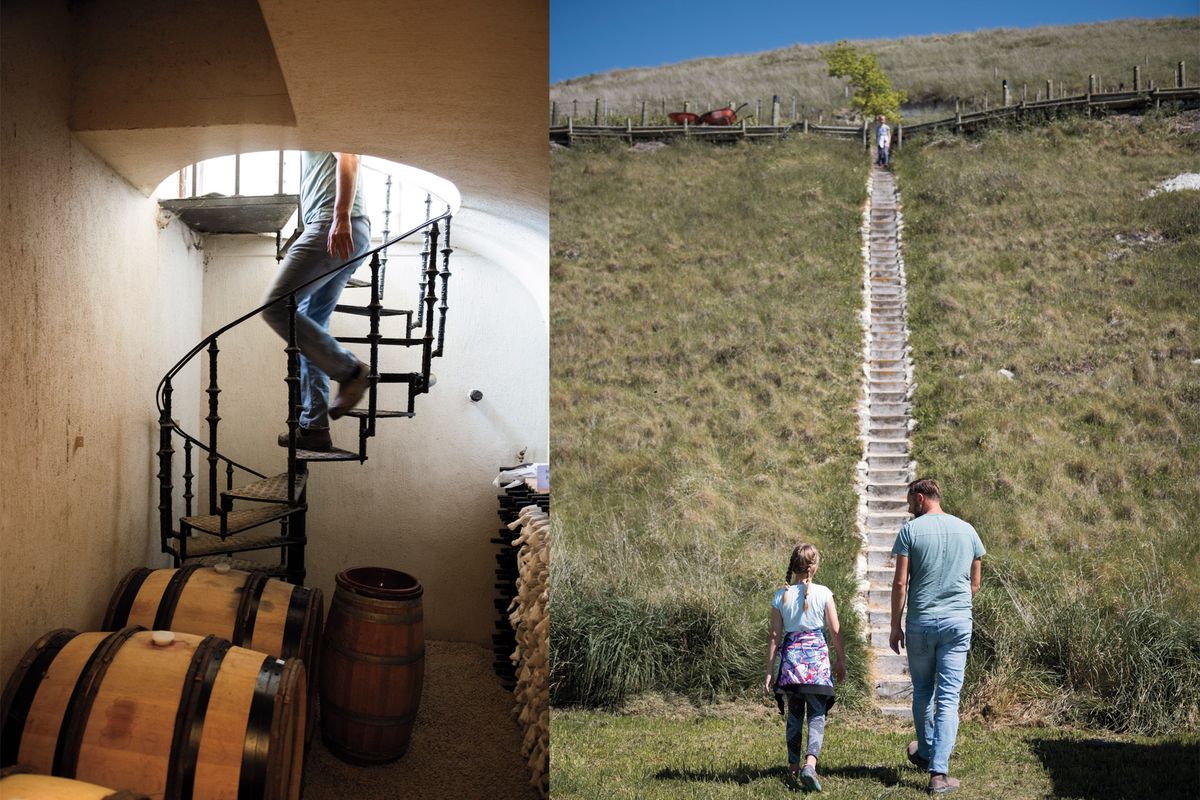 Klet v vinogradih Bell Hill (levo) in Brian Heslop in hči Bell Hill Vineyard (desno)
