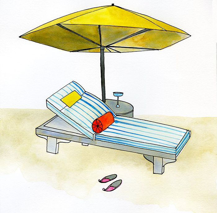 Illusztráció egy strand szék egy esernyővel.