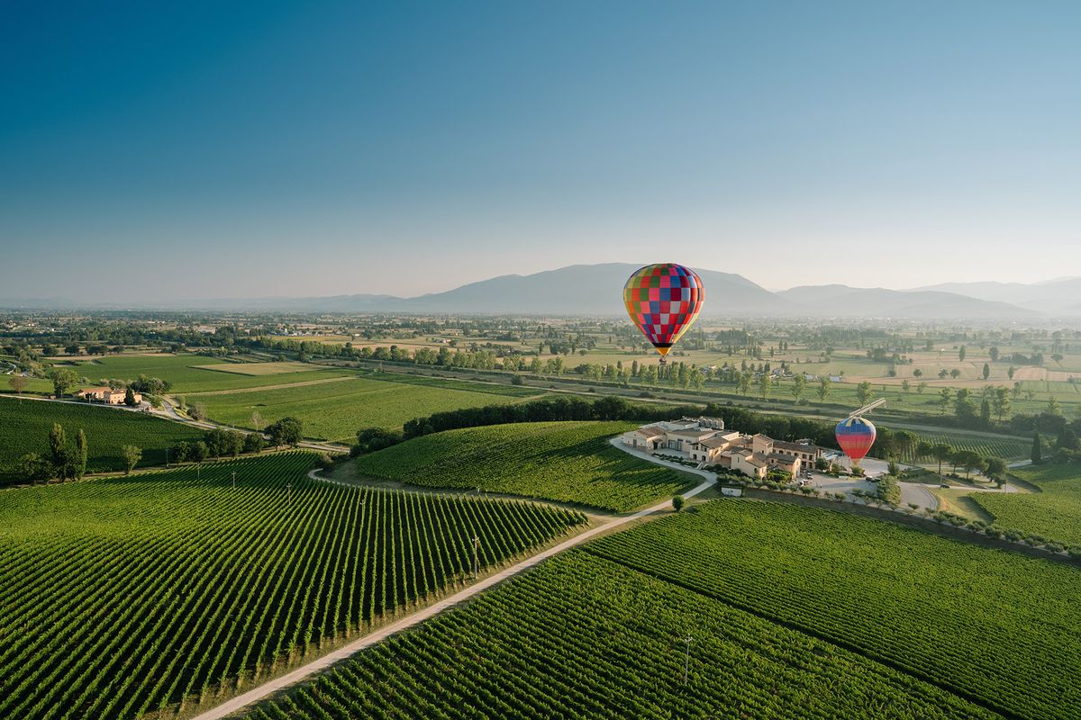 Dva horkovzdušné balóny přes zvlněné stráně vinic, velký statek vpravo, v pozadí siluety hor