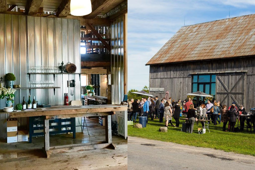 左の画像は再利用された木製のバー、右の画像は納屋の前でのパーティーです