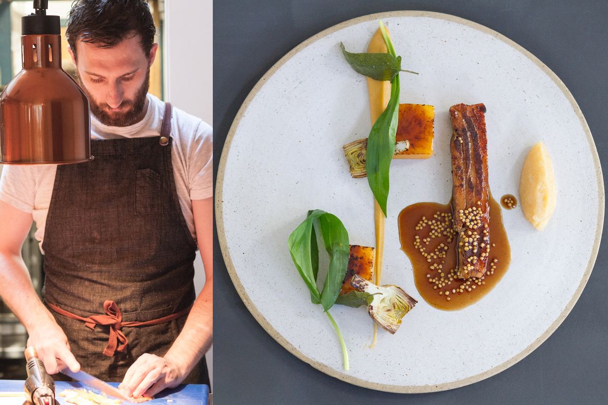 Colagem de duas fotos com um chef e um prato de culinária moderna