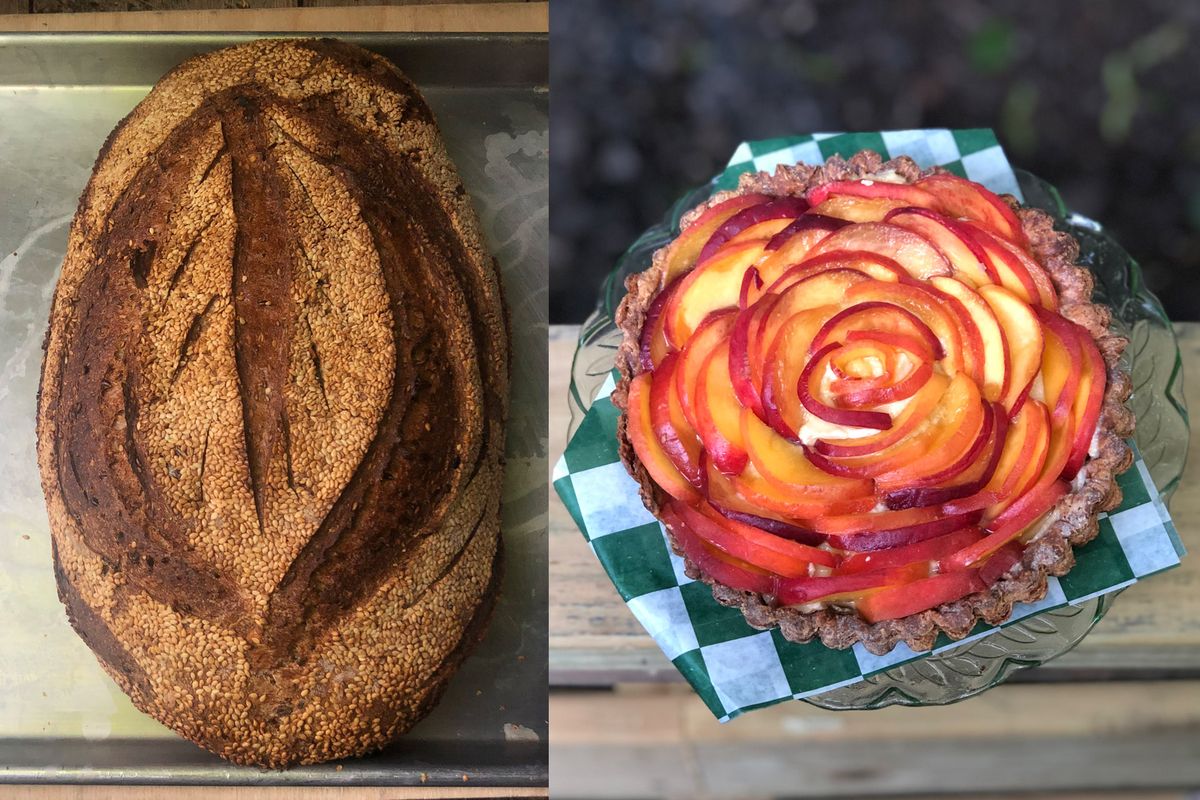 Immagine a sinistra di una pagnotta di pane, a destra di una tarte tatin a forma di rosa che solo i fornai esperti sanno fare