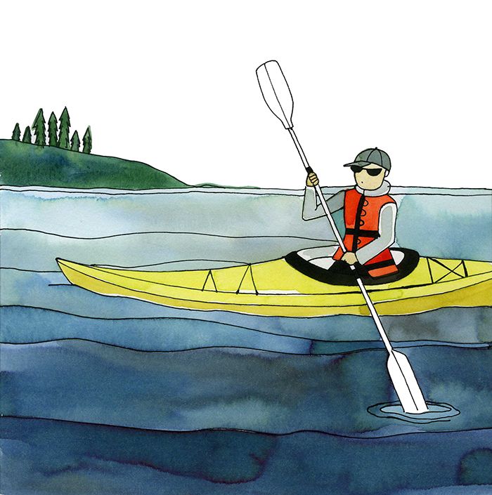 Una ilustración de una persona en kayak en el océano.