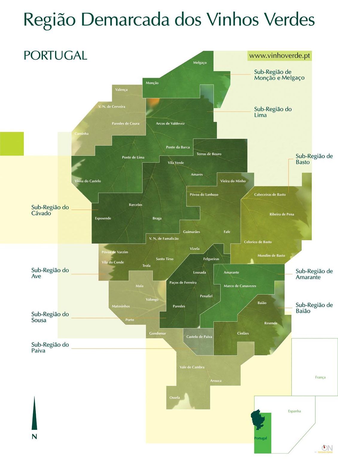 Mapa das sub-denominações da região do Vinho Verde, em Portugal