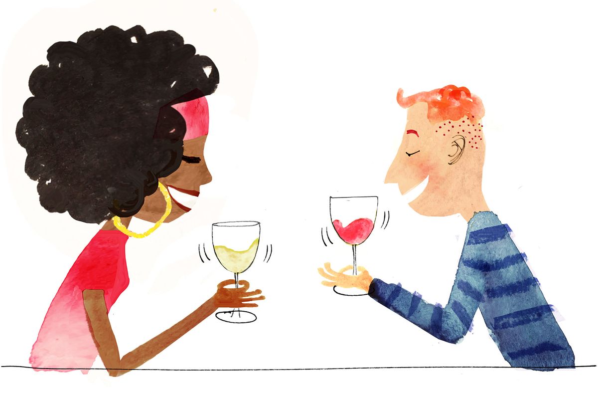 赤と白ワインを渦巻くカップルのイラスト