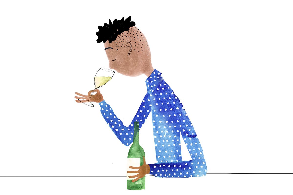 Illustratie van een man die een witte wijn evalueert
