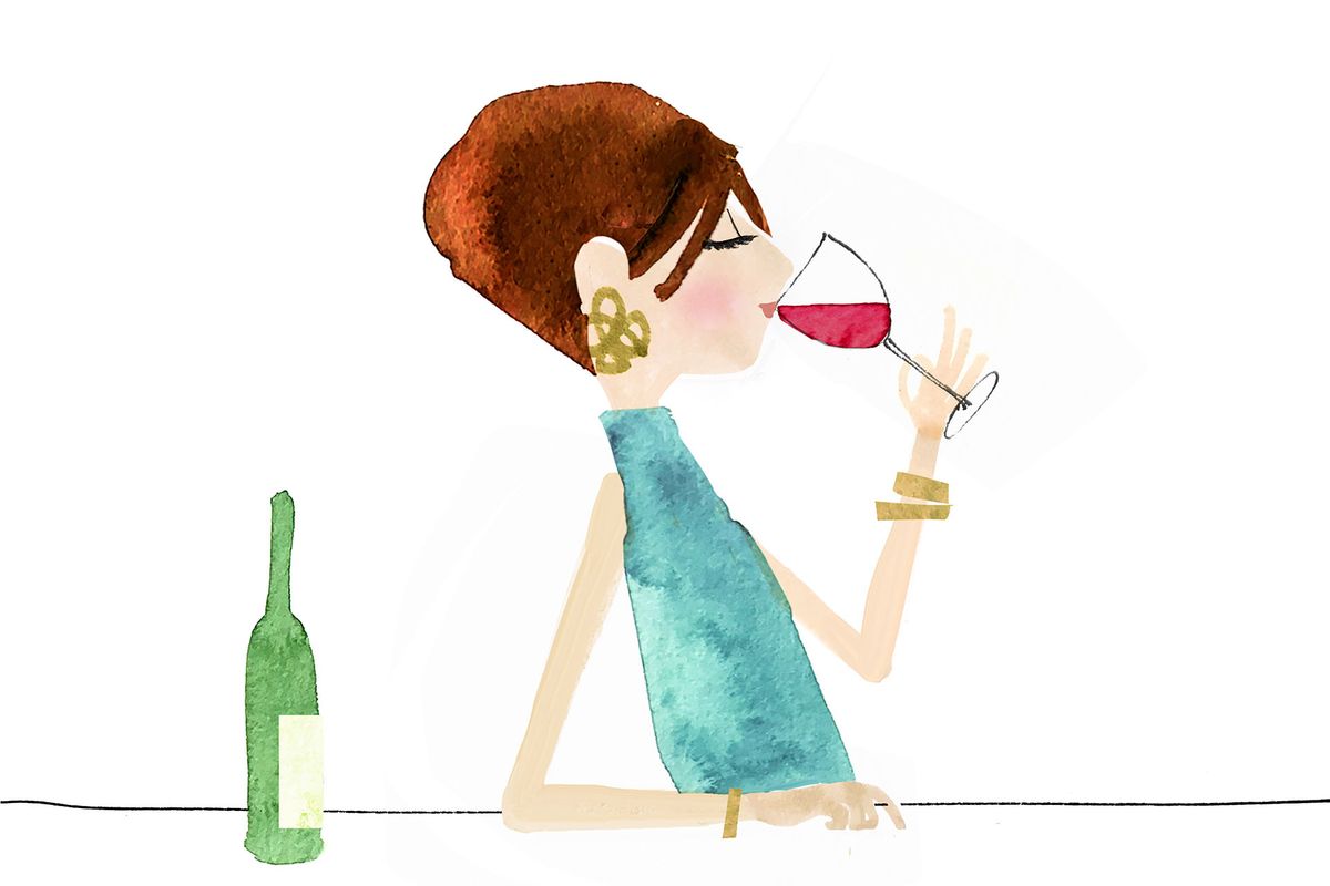 रेड वाइन पीते हुए खड़ी महिला का चित्रण
