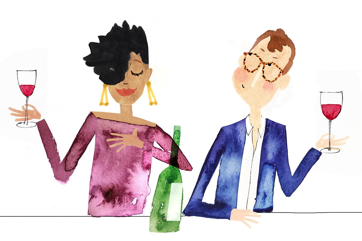 Илюстрация на двойка, която вкусва вино след отпиване