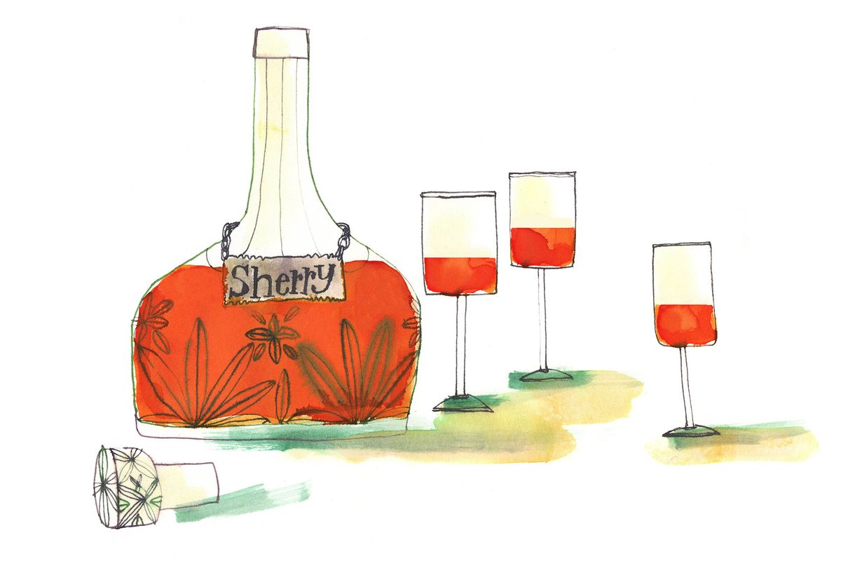 Oksüdeeritud šerri pudeli illustratsioon