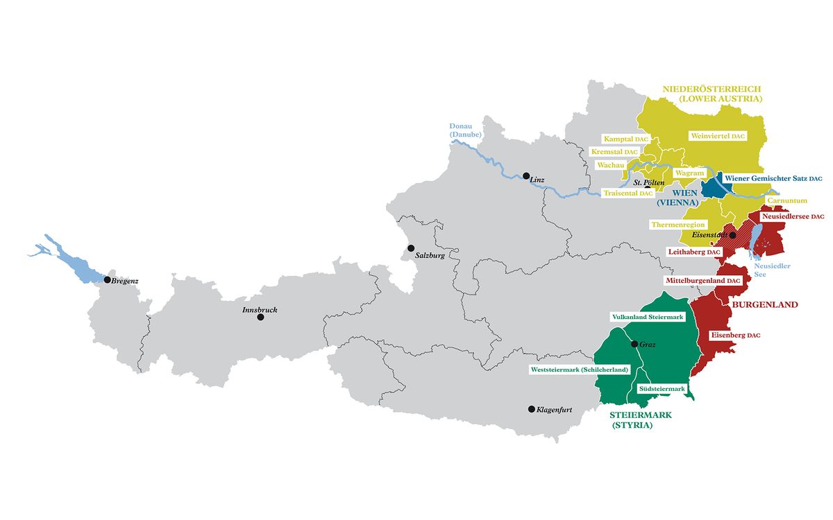 Kartta Itävallan viininviljelyalueista