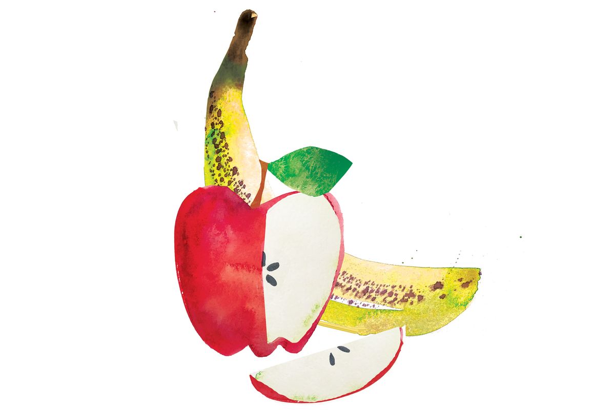 Illustration von geschnittenem Apfel und Banane
