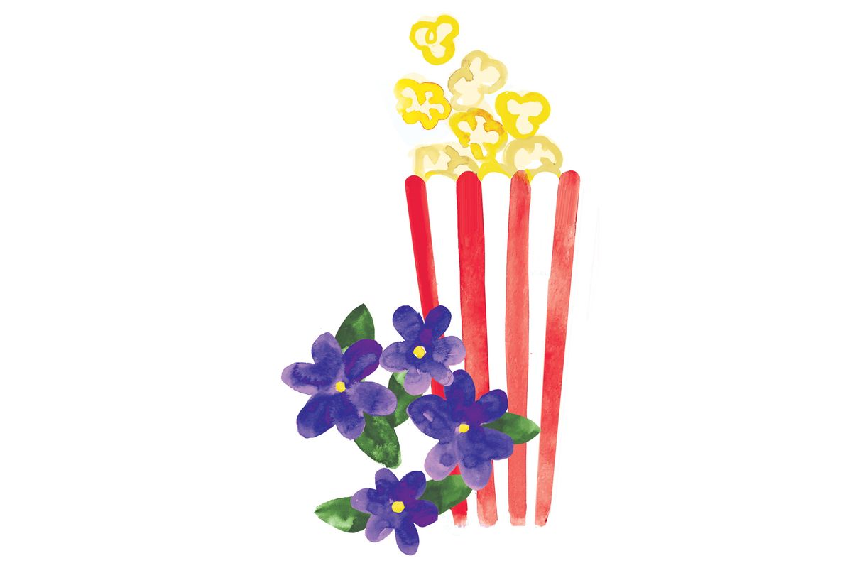 Ilustración de palomitas de maíz con mantequilla y violetas