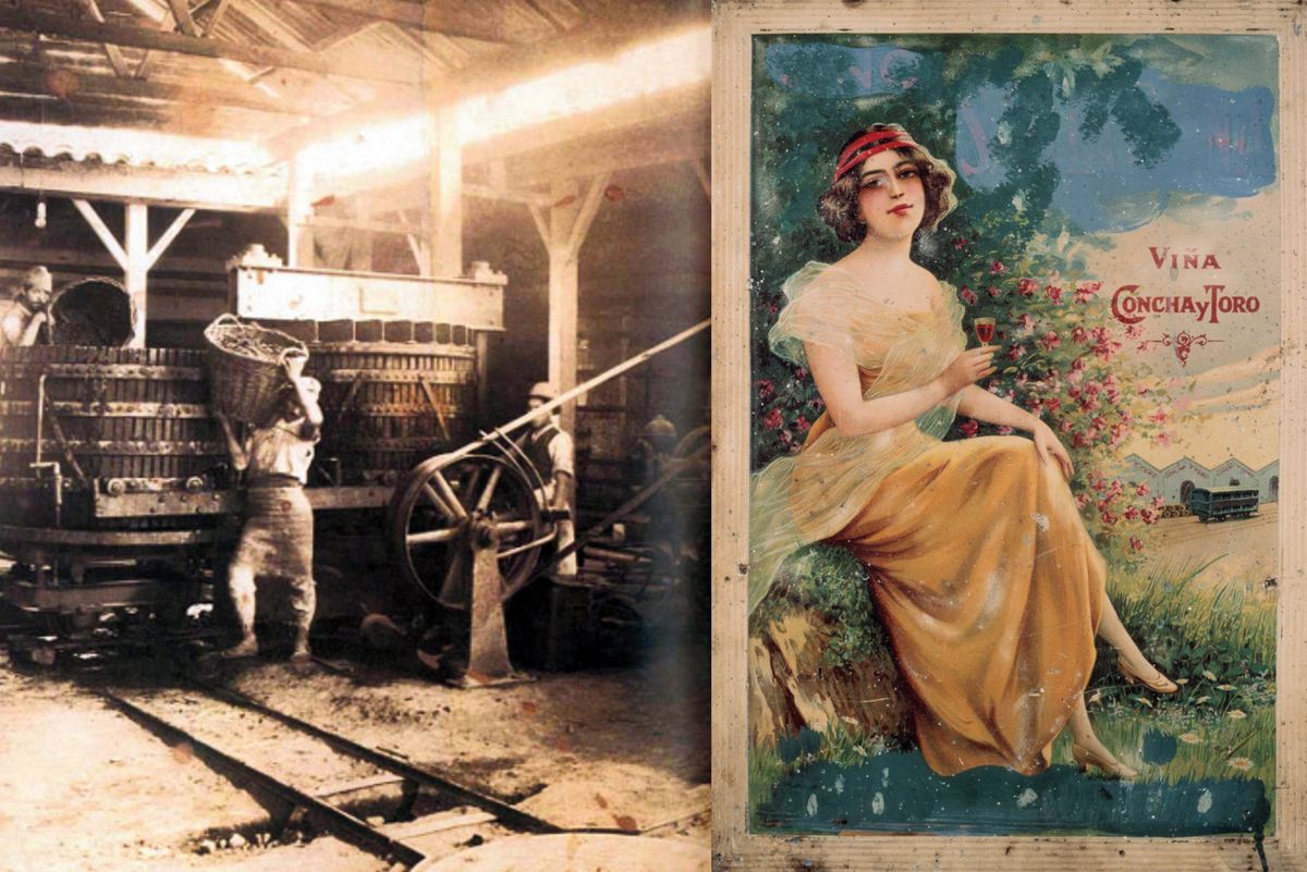 Izquierda: fotografía antigua de un hombre con canasta de cosecha de paja, derecha: ilustración de una mujer vestida de amarillo con
