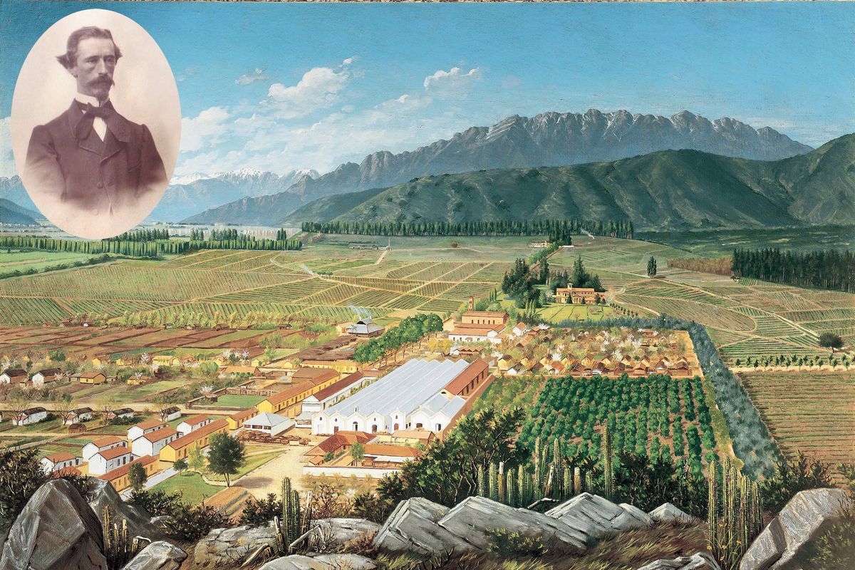 Ilustración de postal de viñedos con montañas de fondo, recuadro de daguerrotipo de hombre en disfraces