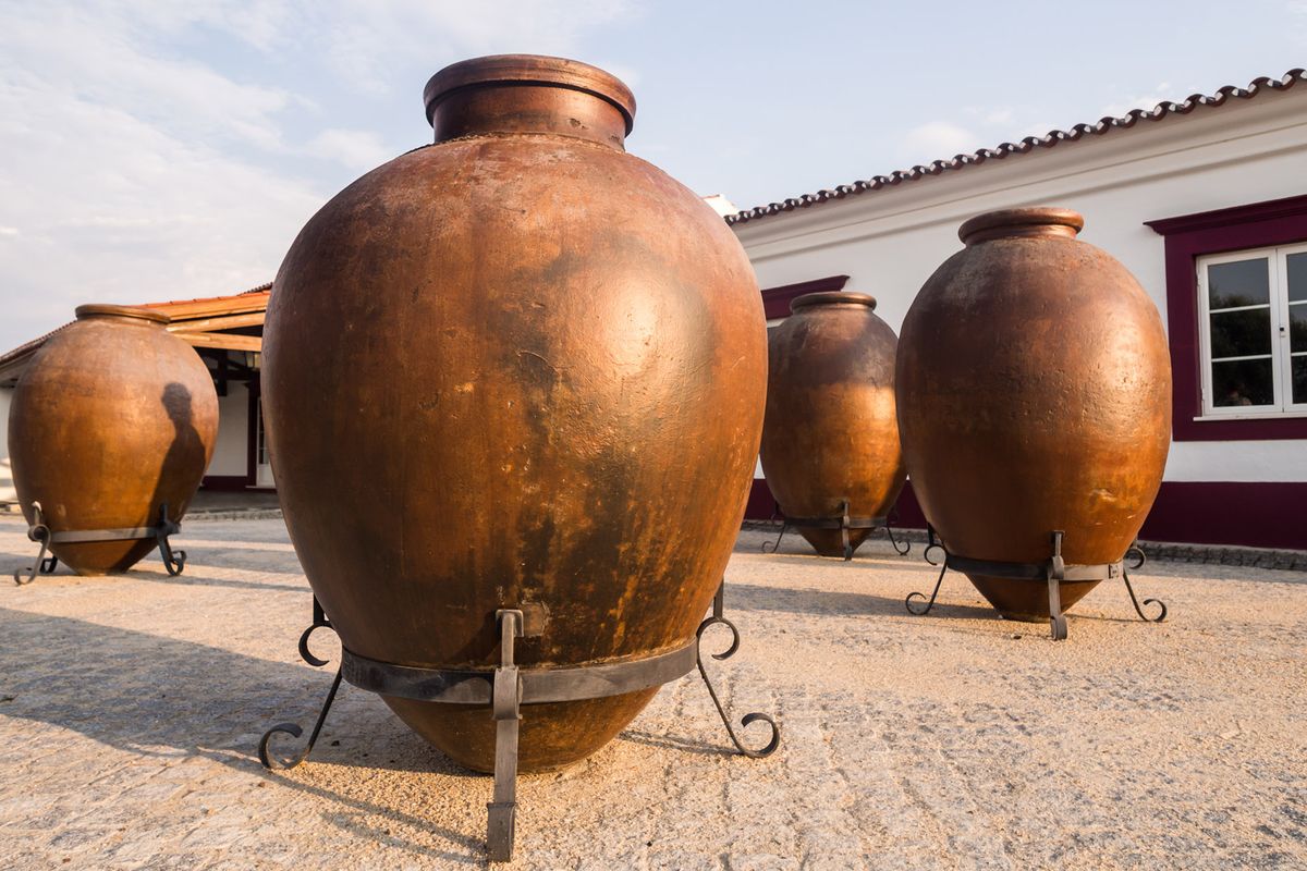 Enormi contenitori di vino di argilla nella regione di Alentejo, Portogallo.