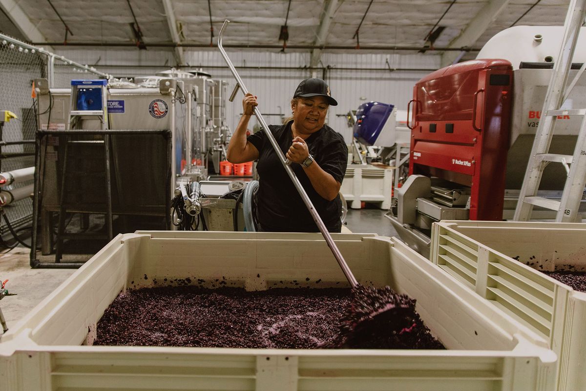 Tara Gomez työntää viinirypäleet mehuksi metallityökalulla