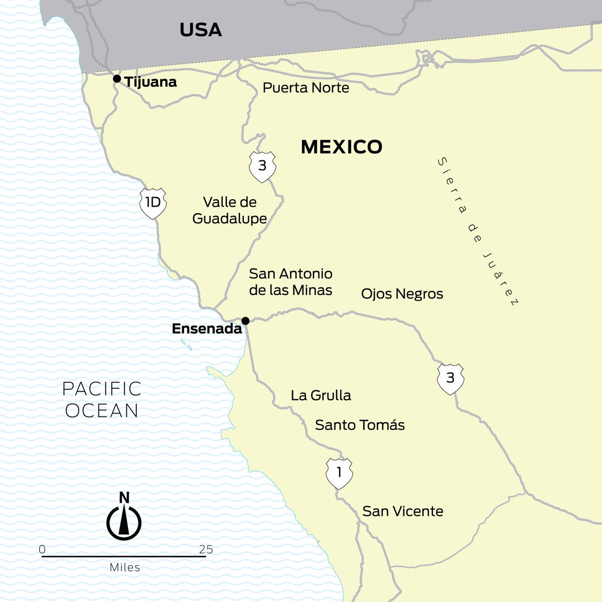 Mapa de las regiones vinícolas de Baja