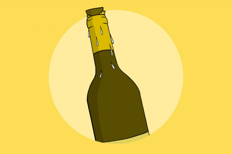   Botella de vino sudorosa con corcho saliendo