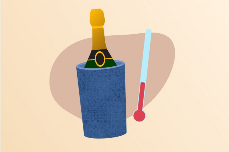   Illustrazione di una bottiglia di champagne accanto a un termometro