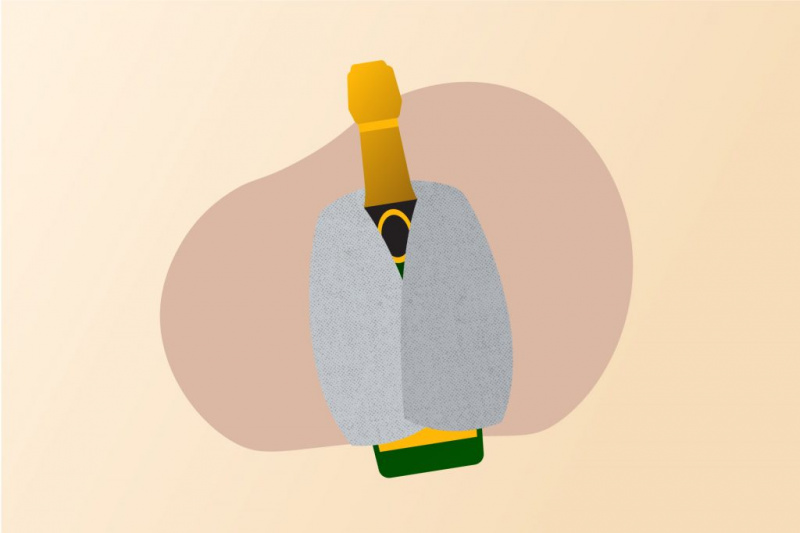   Šampanieša pudeles ilustrācija, kas ietīta ar dvieli