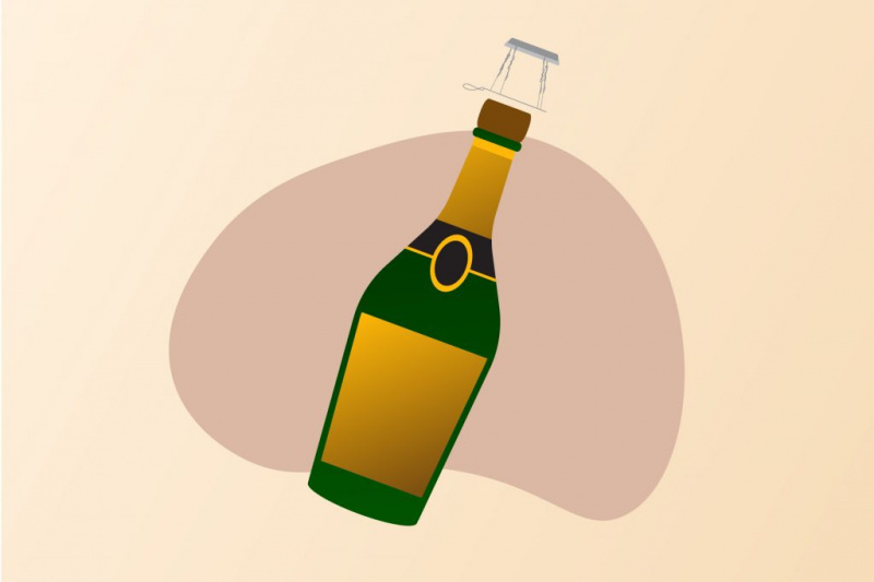   Ilustración de una botella de champán con el muselet saliendo