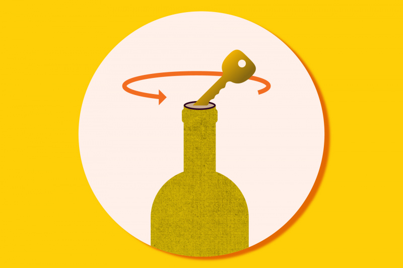   Илустрација како отворити боцу вина кључем.