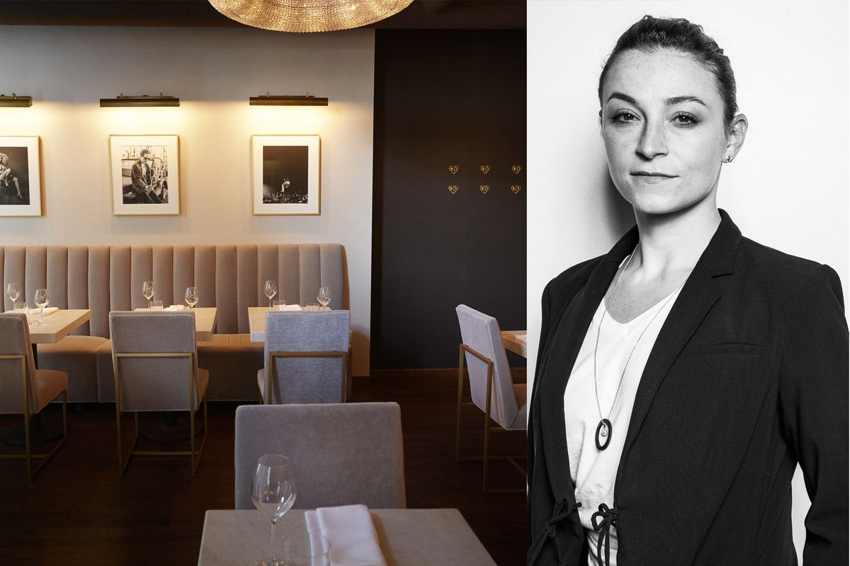 एक तटस्थ रंग के रेस्तरां का इंटीरियर और एक महिला की ब्लैक एंड व्हाइट तस्वीर